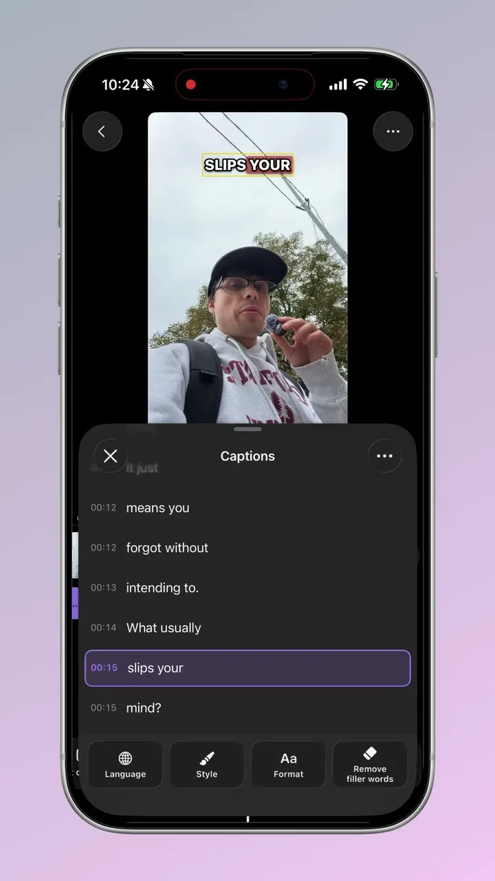 Captions Bro transcript editor with per-word caption timing on iPhone